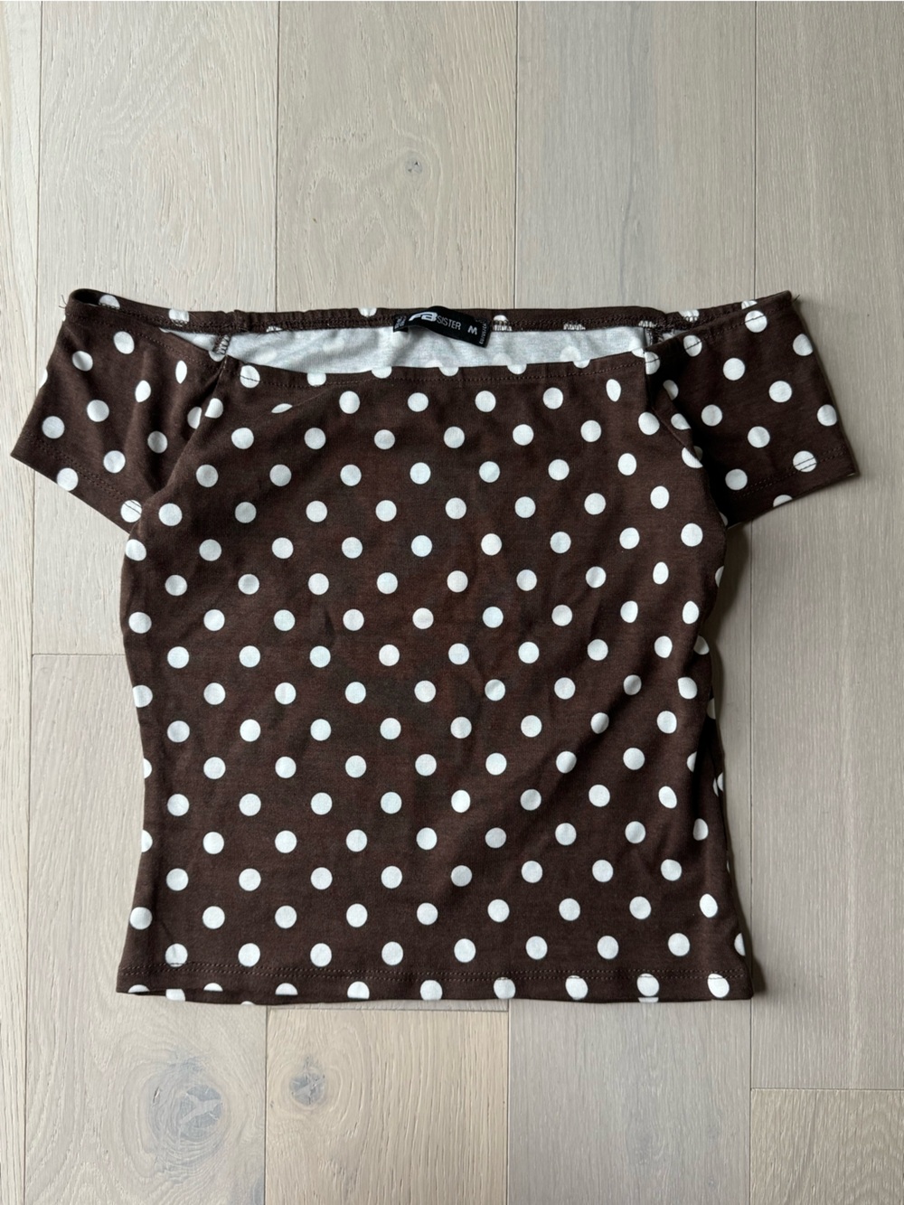 off shoulder brown polka dot tee